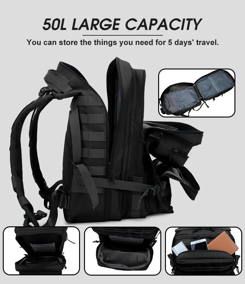 Mochila Tática 50L – Impermeável, Multiuso e de Alta Capacidade para Viagens e Aventura